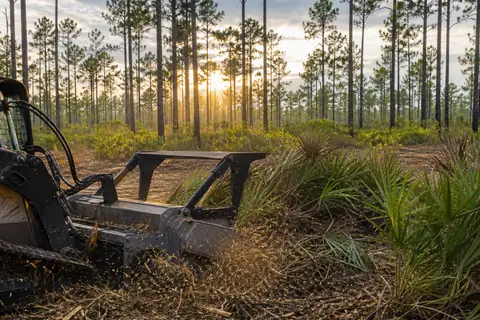 Tracked forestry mulcher processing palmetto and scrub beneath scattered Central Florida pines