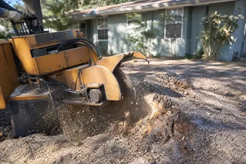 Stump grinder reducing a fresh stump below the surrounding soil grade